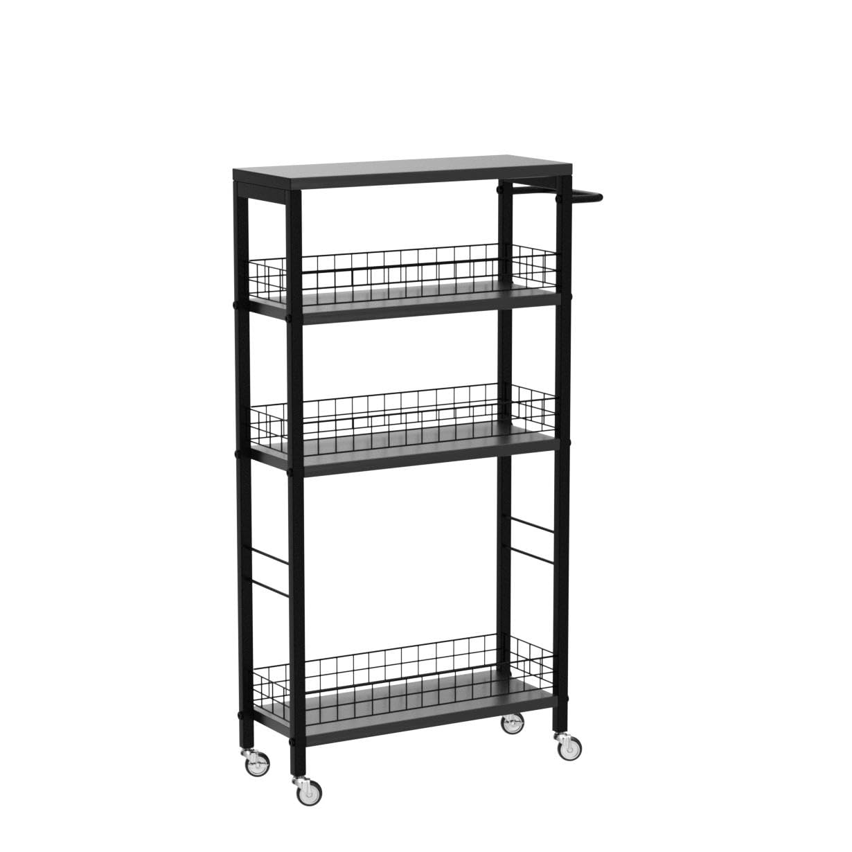 YBING Carrello portaoggetti sottile da cucina con ruote, 4 ripiani, mobile con manico in legno e metallo, scaffale estraibile, per cucina, soggiorno, piccoli spazi, nero