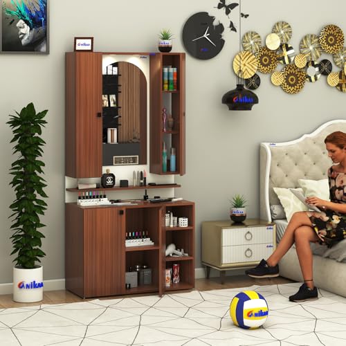 Image of Anikaa Opulex Engineered Wood Dressing Table with Mirror Cabinet, LED Lights, Storage Shelves & Back Panel - Wall Mounted Makeup Vanity & Organizer for Bedroom -(Walnut /White) DIY Installation