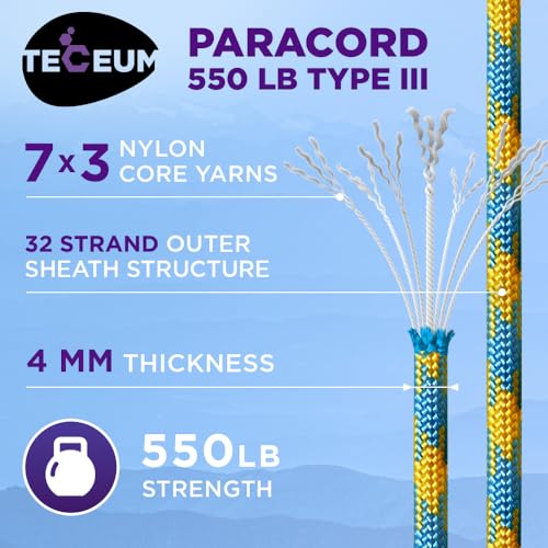 Image of TECEUM Reflective Paracord Rope 1000 - 1000ft /200ft /100ft /50ft - 40+ Colors - Glow in the Dark - para Cord - Utility Rope for Survival, Hunting & Camping Gear - Nylon String, Camping Rope, Tent Cord