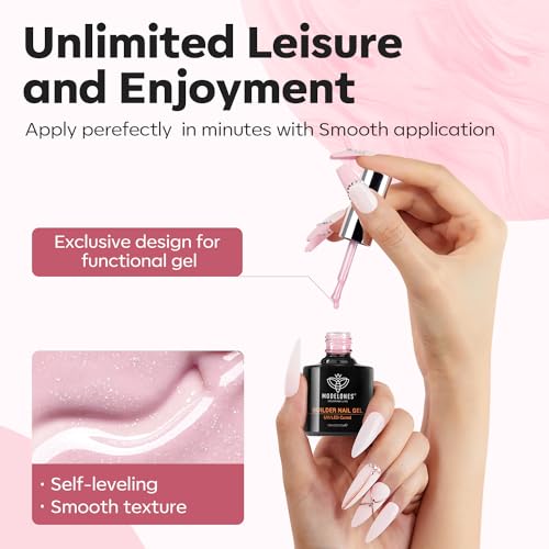 Image of modelones Builder Nail Gel, 8-in-One Nude Pink Shimmer Builder, Glitter Sparkle Rainbow Nail Gel Polish, Jelly Pink Iridescent LED Lamp Cured Hard Rubber Color Base for Home DIY Salon Girls