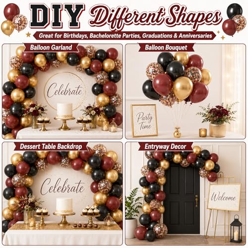 Image of Burgundy Gold Balloons, 60Pcs Burgundy Balloon, 12 Inch Metallic Gold Wine and Black Latex Balloons for Birthday Party Bachelorette Graduation Anniversary Bridal Shower Celebration Party Decorations