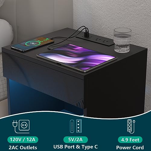Hommpa NIGHTSTAND 16 BK Set Of 2 Open Shelf Led Nightstands With Charging Station 2 Drawers Bedside Tables Black Night Stands With Storage Smart Nightstands High Gloss Night Table With Led Light For Bedroom Furniture thumb #2