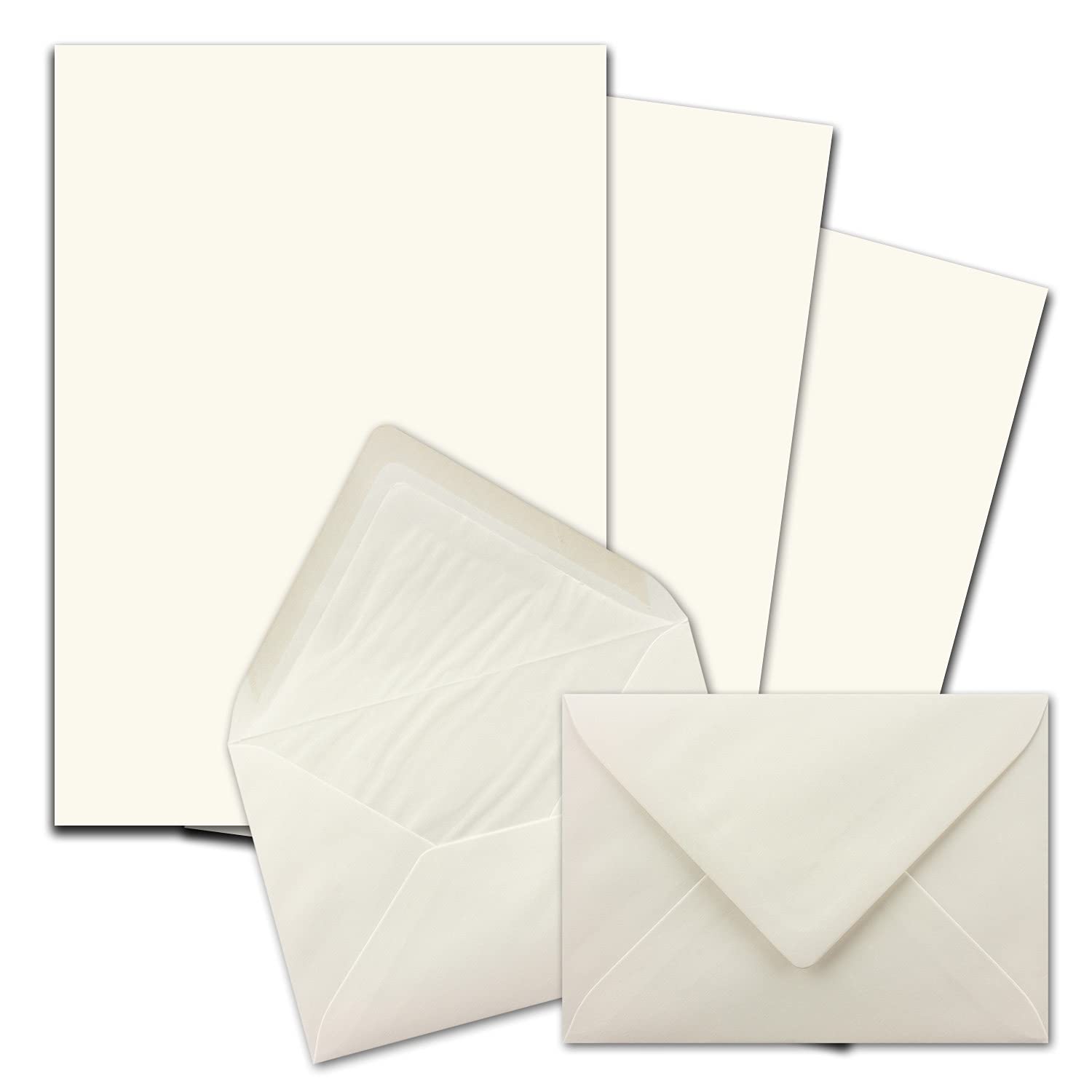 Set di 400 fogli di carta da lettere formato DIN A4, con buste foderate in C6, incollaggio a umido, colore bianco naturale, carta da lettere opaca con fodera in seta bianca
