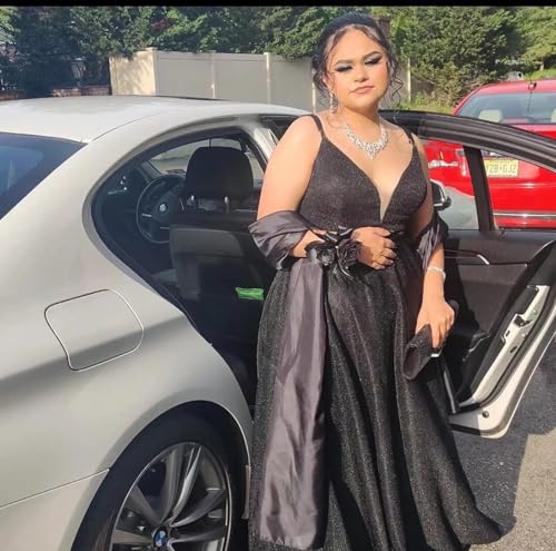 Image of Women's Glittery Spaghetti V-Neck Prom Dresses Long A Line Bridesmaid Dresses Side Split Formal Evening Gowns Champagne, US06