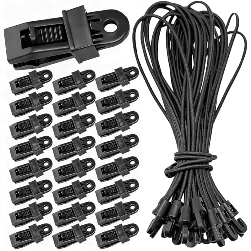 Yonality Lot de 25 Clips pour bâche de Tente et 25 tendeurs en Caoutchouc avec Crochets, Kits de Clip de Verrouillage Robuste, Pince de Toile de Tente Ajustable, pour...