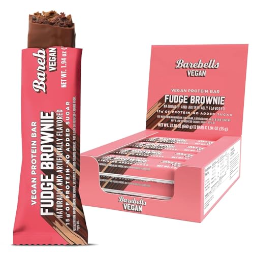 Image of Barebells Vegan Protein Bars Fudge Brownie, Plant Based with High Protein - Chocolate Protein Bars - Perfect on The Go Protein Snack & Breakfast Bars 12 Count (Pack of 1)