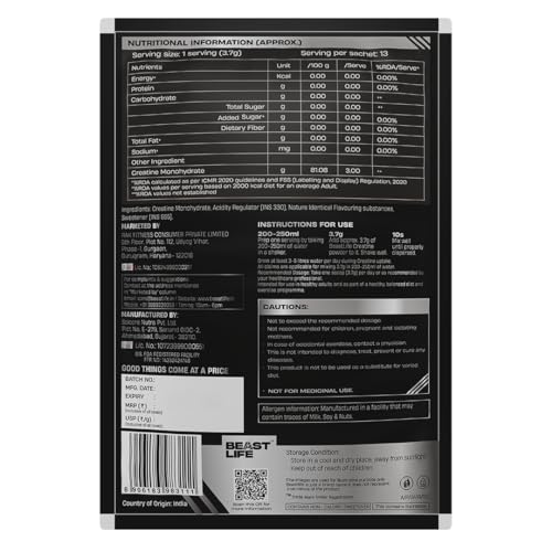 Image of BEASTLIFE Super Micronized Creatine Monohydrate Powder 50g Refill Pack | 13 Servings Shikanji Flavor | NABL Lab Tested | Premium Sports Nutrition for Strength & Performance