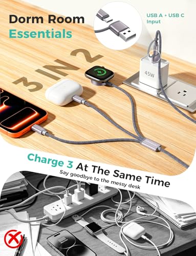 Image of Travel Essentials,3 in 2 USB C Cable for Apple Watch Charger,iPhone Charger,Multi Charging Cable,Cruise Vacation Camping Essentials for iWatch Series 11-2 /Ultra,iPhone 17-12,Car Accessories,Grey-6FT