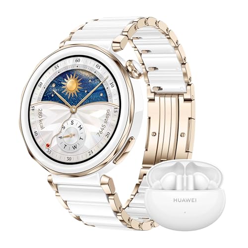HUAWEI WATCH GT 5 Pro 42mm Keramisch Weiß+Extra FreeBuds 5i Weiß,Smartwatch,Kunstvolles Design,Sportfunktionen auf Profi-Niveau,Health-Tracking,EKG-Monitoring,bis zu 14 Tage Akkulaufzeit,GPS