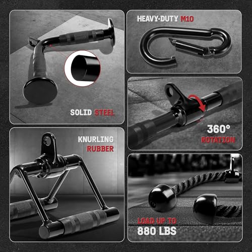 Image of Yes4All Cable Machine Attachment Set, Heavy-Duty 880 Lb LAT Pulldown Attachments, Cable Attachments for Gym, Rubber Handle for Secure Grip, 360 Rotation