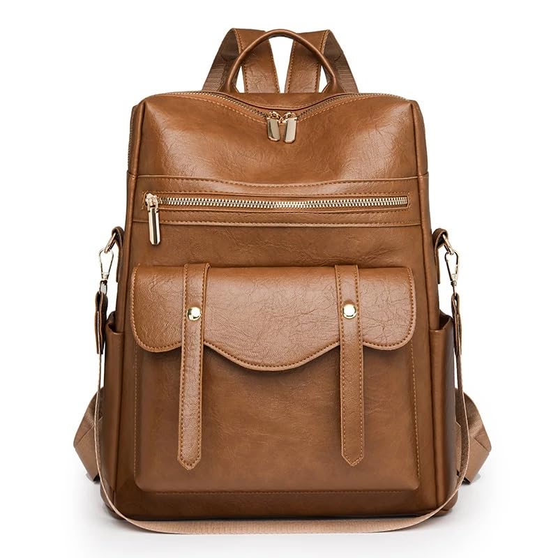 Mochila Feminina PU Impermeável Grande Capacidade Antifurto Estilo Retrô Elegante para Trabalho Viagem Escolar(2264 - Marrom)