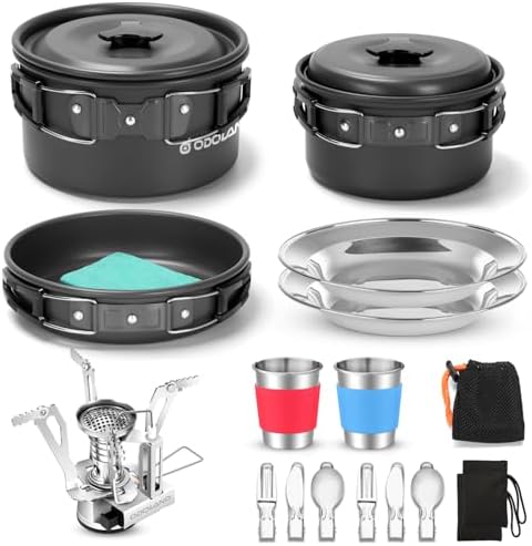 Odoland 16pcs Camping Cookware Mess Kit with Folding Camping Stove, Non-Stick Lightweight Pots Pan Set with Stainless Steel Cups Plates Forks Spoons for Camping, Backpacking, Outdoor Cooking