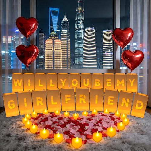 LACGO Be My Girlfriend Decorations Will You Be My Girlfriend Sign Light Up Letters with Luminary Bags Tea Lights Red&Pink Rose Petals Will You Be My Girlfriend Banner Surprise Set for Women