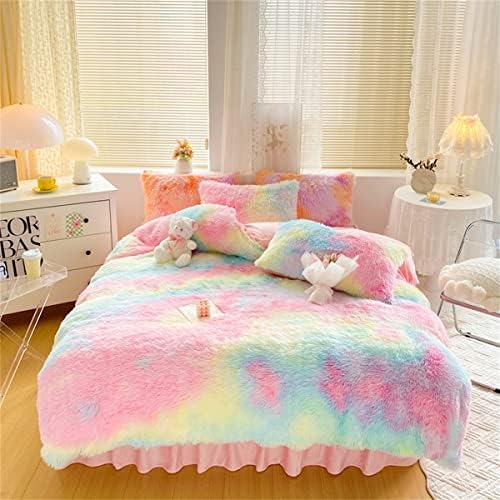 Soukach Pink Girl Faux Fur Fluffy Bedding,Queen 3 PCS Rainbow Bedding,Soft Plush Shaggy Duvet Cover Set,1 Fuzzy Duvet Cover +2 Furry Crystal Velvet Pillow Case(Colorful Pink, Queen)