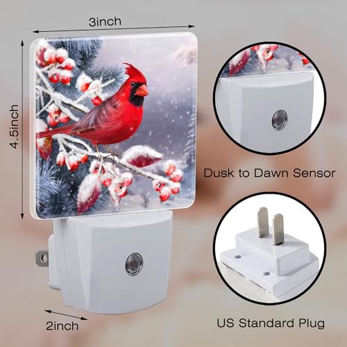 Image of Winter Red Cardinal Bird Night Light for Kids,Christmas Pine Tree Snow Cardinal Night Light Plug in with Dusk to Dawn Sensor,0.5w Energy Saving Nightlight for Hallway Stairway Kitchen Bedroom