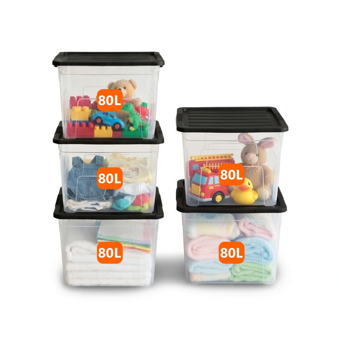 ORGANIZED Plastic Storage Boxes with Lids 80L - Pack of 5 | Large Clear Stackable Storage Containers with Black Lids, Heavy Duty Strong Durable Tubs for Home, Office, Multipurpose