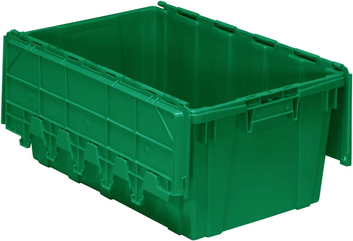 Buckhorn AR2717120204000 Industrial Plastic Stackable Storage KeepBox Tote Container with Hinged Attached Lid, 27-Inch L x 17-Inch W x 12-Inch H, Green