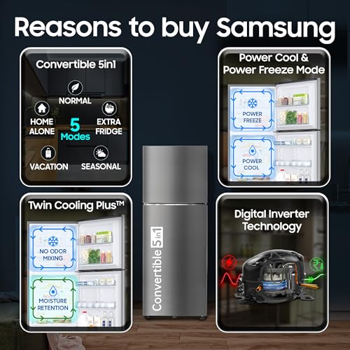 Image of Samsung 350 L, 2 Star, Convertible 5-in-1, Digital Inverter, Frost Free Double Door Refrigerator (RT38HG5C42S8HL, Silver, Elegant Inox, 2026 Model)