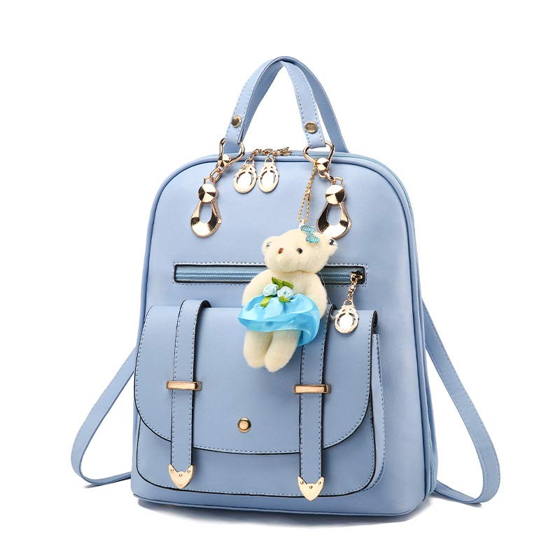 Women's PU Leather Backpack with Teddy Bear Keychain, 33x13x30 cm, Lightweight for School, College & Travel (Light Blue)-image-2