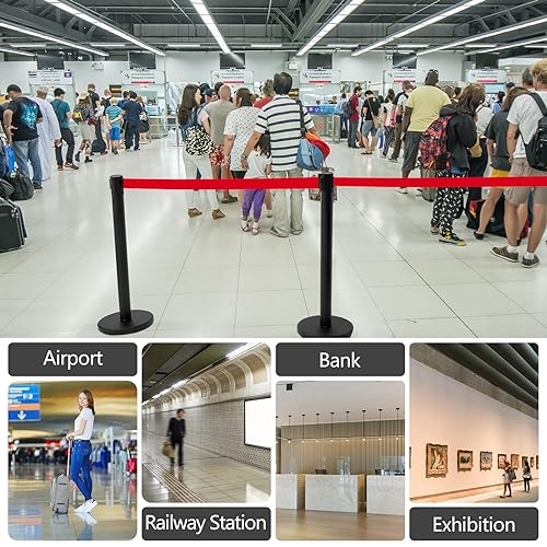 Therwen 6 Pack Heavy Duty Crowd Control Stanchions 9.8 ft Stainless Steel Stanchion Set with Safety Barrier Post Retractable Belt and Sign Holder Crowd Control Barrier(Red Belt, Black) - Thumbnail 6