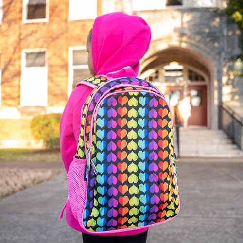 Image of Wildkin 15 Inch Backpack for Boys /Girls, Rainbow Hearts | Ages 5-10, padded straps, side water bottle pocket - coordinates with matching Wildkin lunch boxes and water bottles