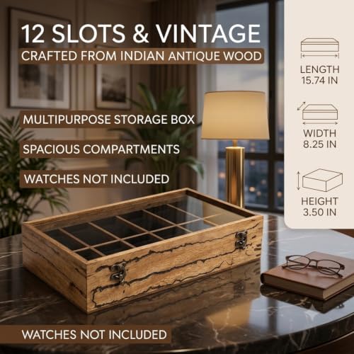 Image of Wooden Watch Box Organizer for Men - 12 Slot Watch Display Case with Glass Lid, Rustic Live Edge Wood Storage Box, Locking Clasp, Includes Key - Holds Watches, Bracelets & Jewelry