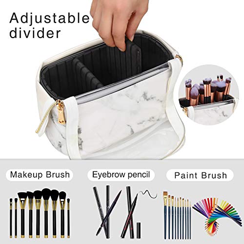 Makeup Brush Case Stand-up Makeup Cup Makeup Brush Holder Travel Professional Cosmetic Bag Artist Storage Bag with Shoulder Strap and Adjustable Divider (Marble)