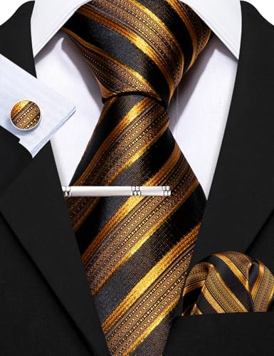 Image of Barry.Wang 6 PCS Men Ties Set Silk Business Fashion Woven Necktie Handkerchief Cufflinks Paisley Stripe Wedding Party