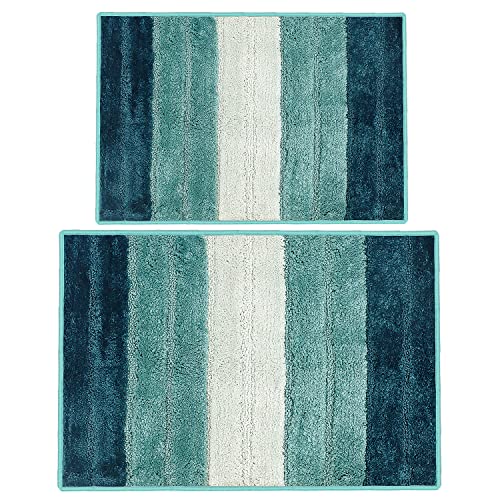 Lot de 2 tapis de salle de bain à rayures en chenille ultra épais et doux absorbant pour salle de bain, cuisine, baignoire, toilettes, chambre à coucher, douche (bleu, 43,2 x 61 cm/50,8 x 81,3 cm) Cover