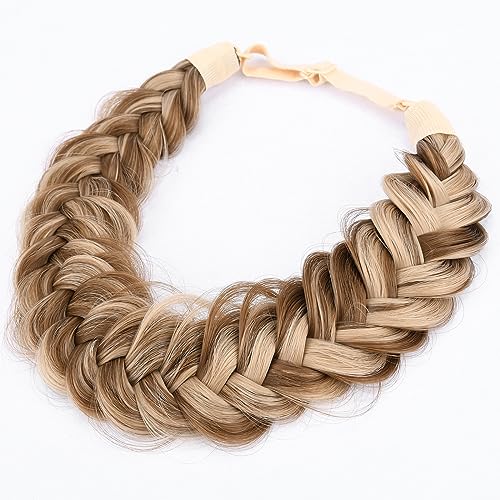 Gledola Messy Synthetic Hair Braided Headband Classic Chunky Wide Plaited Headband for Women Girl Beauty (Highlighted Brown)