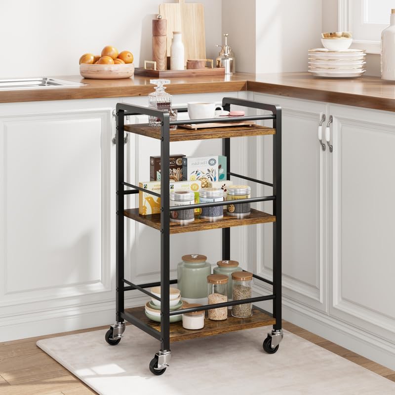 PULLAFUNIndustrial Kitchen Rolling Cart, 3-Tier, Retro Brown, Metal and Wood, Easy to Assemble, 16.1"L x 10.2"W x 32.2"H