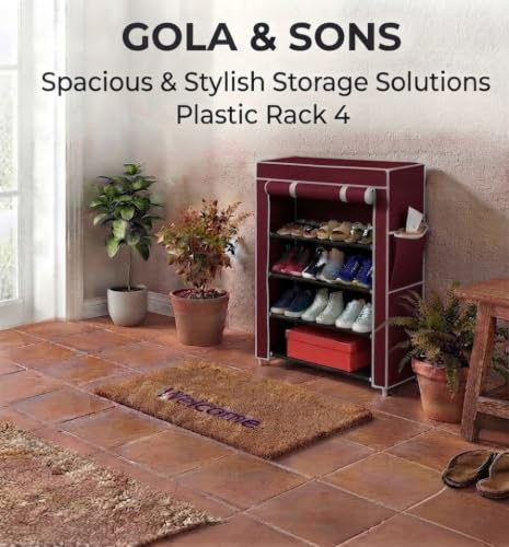 Image of 4 Layer Shoe Rack Plastic with Maroon Cover | Multipurpose Plastic Shoe Rack for Home | Space Saving Foldable Shoe Stand | Storage Rack for Home, Bedroom & Entryway