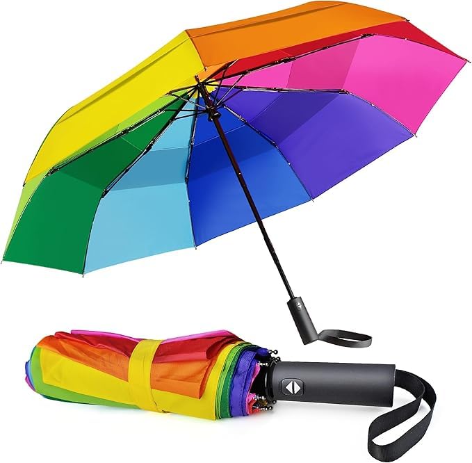 Sublibelief Rainbow Umbrella Automatic for Adults - Compact Folding Auto Open Close Double Canopy Vented Windproof Folding Travel Iridescent Umbrellas for Rain&Sun