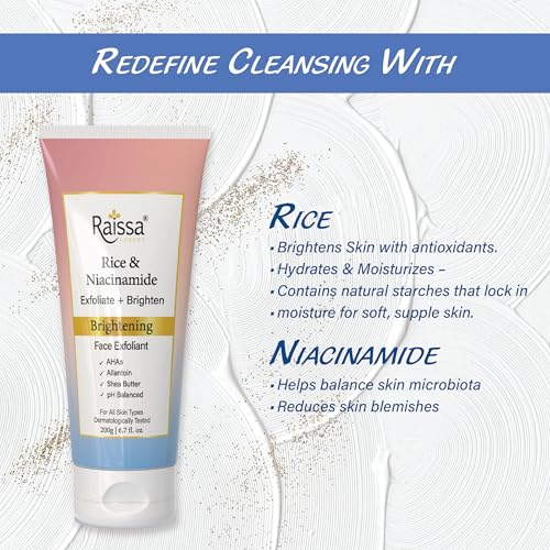 Image of Raissa Luxury Exfoliant with Rice Starch & Niacinamide | De-Tan Face Scrub for Men & Women | Hydrates, Brightens & Soothes Skin | Reduces Blemishes | 200g