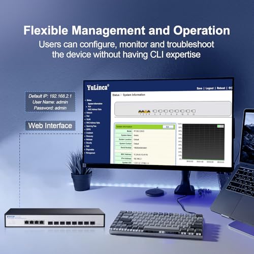 Image of 12 Port 10Gbps Managed Switch, 8 x 10G SFP+ Slots, 4 x 10G RJ-45 Ports, Support 10G /5G /2.5G /1000M Auto-Negotiation, YuLinca Smart Web Managed Rackmout Switch