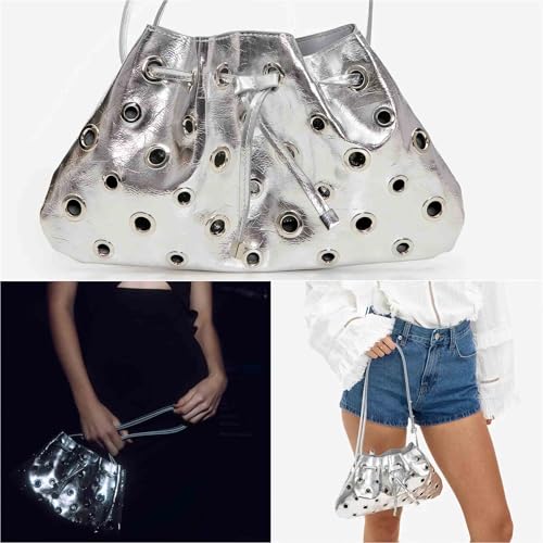 silver y2k purse for women, cool sparkly bucket purse, cute aesthetic fashion bag, small silver clutch bag2