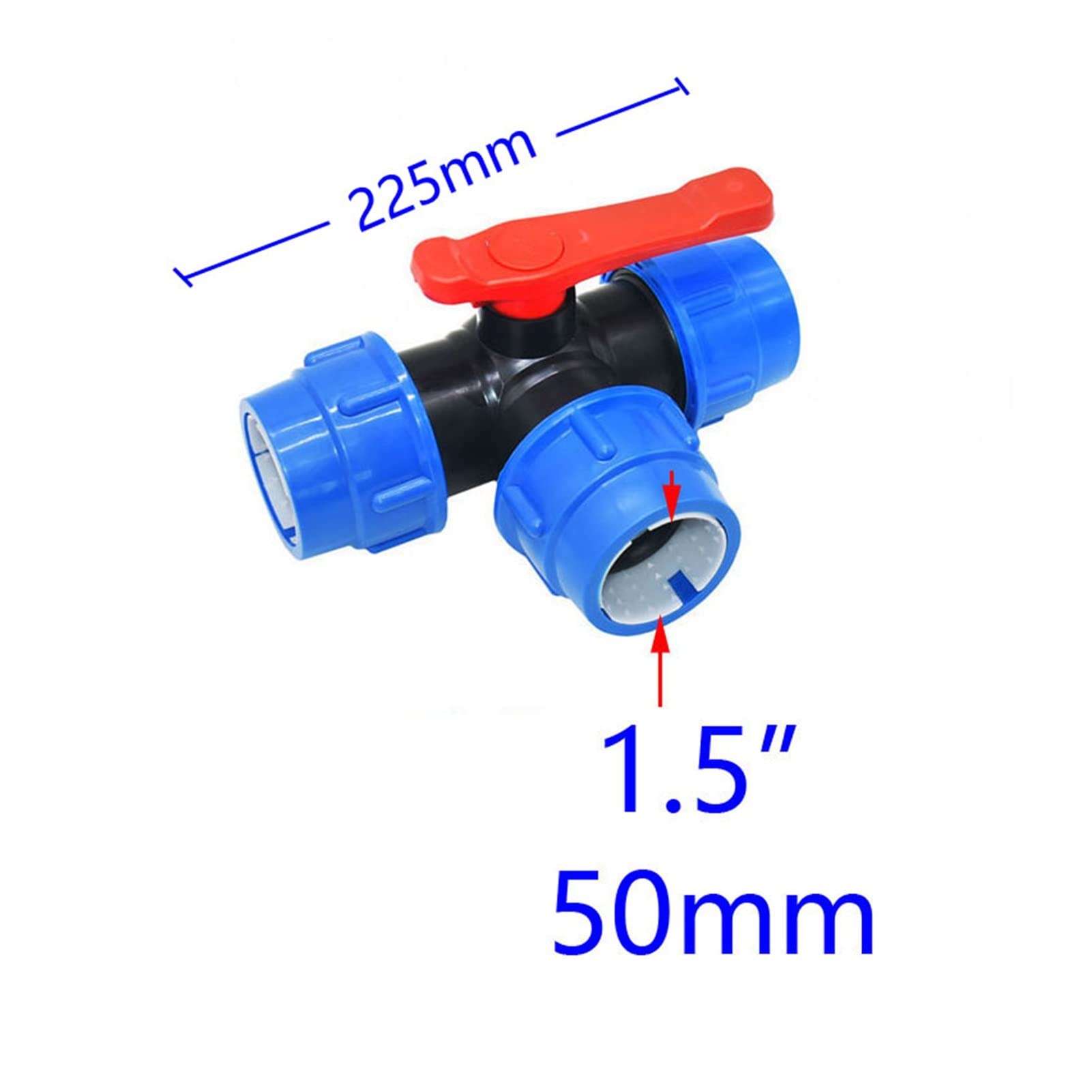 Adaptador de manguera de plomería de jardín 1/2 "3/4" 1 "1.25" 1.5 "2" Válvula de bola de plástico de tres vías T-tipo T EDUCACIÓN FÍSICA Conector rápido de conexión rápida 20/25 / 32/40 / 50 / 63mm