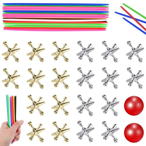 ZeeDix 2 Set Jacks Game - 20 Pcs Jacks 60Pcs Pick Up Sticks & 2 Red Balls