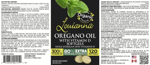 Louianna - Organic Wild Oregano Oil With Vitamin D, Liquid Softgel Capsules With 80 Percent Carvacrol, Supports Your Bones, Immune And Gut Health, Herbal Supplements, 120 Softgels #TOP3
