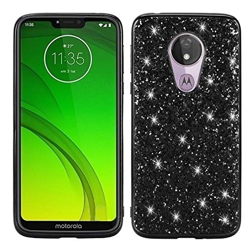WIWJ Motorola Moto G7 Play Glitter Case,Soft Silicone Case Glitter Sparkle Sequins Rhinestones Glossy Case Soft Protective Shell Gel TPU Diamond Bumper Back Cover Female Shell -Black