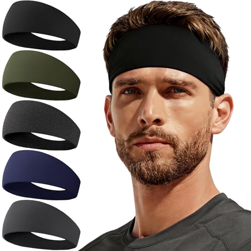 CYPERROCK 5 Pack Running Headbands, Workout Sweat Band Moisture Wicking Sports Headband for Men/Women Black+Green+Heather Gray+Dark Blue+Dark Gray