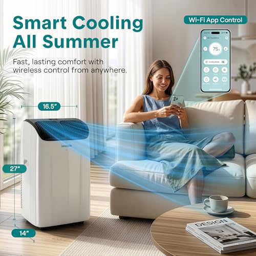 Image of SereneLife 14,000 BTU Portable Air Conditioner with Dehumidifier, Heat, & Fan | Wi-Fi Enabled Portable AC Unit for Rooms up to 650 Sq Ft | Compact Standing Air Conditioner with Window Kit