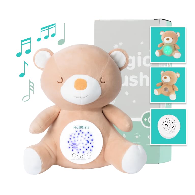HuBorns - Peluche Bruit Blanc Bebe et Veilleuse Musicale et Lumineuse, Jouet Bébé Projecteur avec 15 Berceuses pour Dormir, Cadeau Naissance Original pour Fille et...