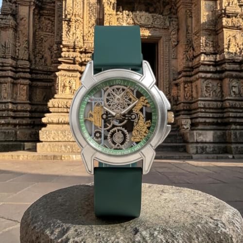 Image of Shree Ram Skeleton Watch, Ayodhya Mandir Theme, Mechanical Look Quartz, Stainless Steel Metal Bracelet, Round Dial with Deity Engraving for Man and Boyes