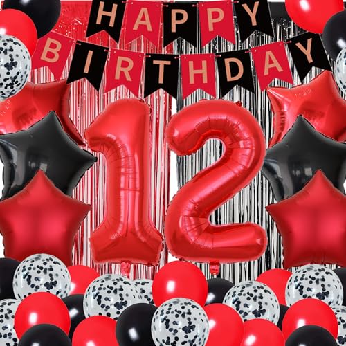 12th Birthday Decoration Boy 32inch Number 12 Balloon Fringe Curtain (Red)