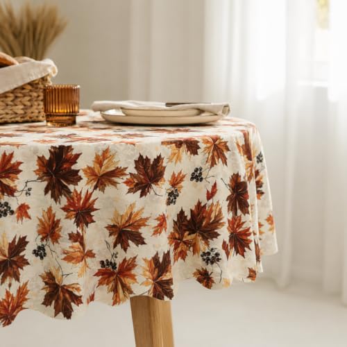 Image of Fall Round Tablecloth 60 Inch Maple Leaves Waterproof Heat Resistant Reusable Table Cloth Thanksgiving Decorations Autumn Table Cover for Holiday Kitchen Dining Party Season Decor