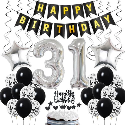 Decoración de 31 cumpleaños, Deco de cumpleaños 31 años hombres, Deco de 31 cumpleaños hombre, Deco de 31 globos negro y plata, Deco de fiesta de 31 cumpleaños con globos, Deco de 31 cumpleaños
