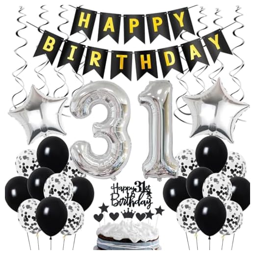 Decoración de 31 cumpleaños, Deco de cumpleaños 31 años hombres, Deco de 31 cumpleaños hombre, Deco de 31 globos negro y plata, Deco de fiesta de 31 cumpleaños con globos, Deco de 31 cumpleaños