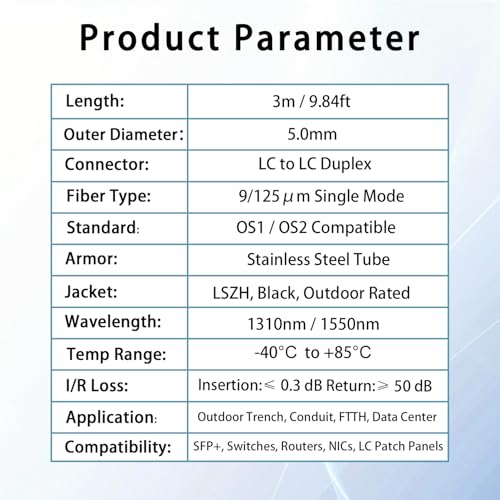 Image of 3M /10FT LC to LC Armored Outdoor Fiber Optic Cable, Single Mode Duplex 9 /125μm SMF Fiber Patch Cord, OS1 /OS2 Compatible, Black LSZH Jacket, Uniboot Jumper for FTTH, Data Center, Long-Distance Use