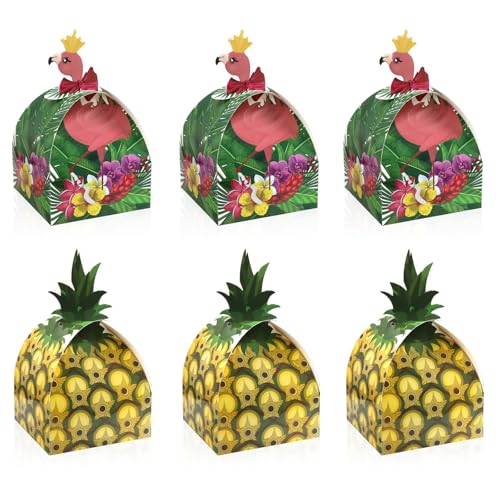 Tropical Aloha Summer Party Favors Boxes, 12pcs Pineapple Flamingo 3D Candy Gift Boxes, Folding Paper Fruit Goodie Treat Box for Hawaiian Themed Party Decoration, Luau, Birthday, Beach Pool Supplies